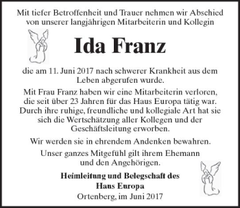 Traueranzeige von Ida Franz von  Kreisanzeiger