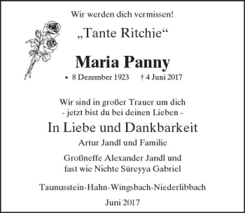 Traueranzeige von Maria Panny von Trauerportal Rhein Main Presse