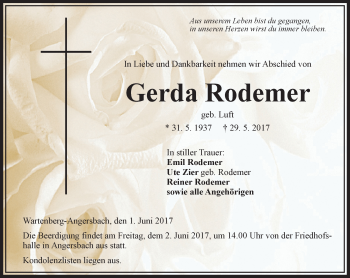 Traueranzeige von Gerda Rodemer von VRM Trauer