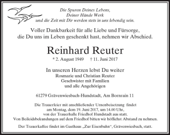 Traueranzeige von Reinhard Reuter von  Usinger Anzeiger