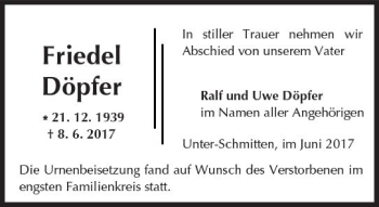 Traueranzeige von Friedel Döpfer von  Kreisanzeiger