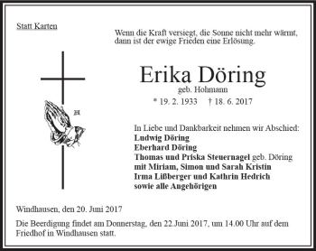 Traueranzeige von Erika Döring von VRM Trauer