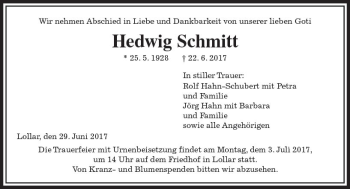 Traueranzeige von Hedwig Schmitt von  Gießener Anzeiger