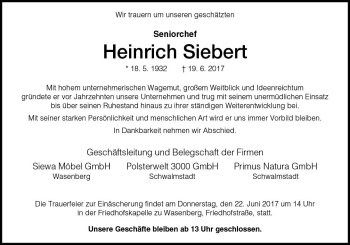 Traueranzeige von Heinrich Siebert von VRM Trauer