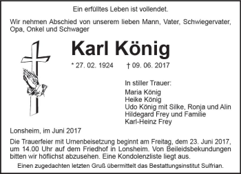 Traueranzeige von Karl König von Trauerportal Rhein Main Presse