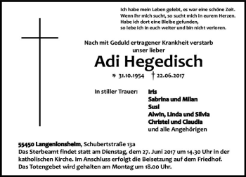 Traueranzeige von Adi Hegedisch von Trauerportal Rhein Main Presse