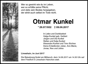 Traueranzeige von Otmar Kunkel von  Kreisanzeiger