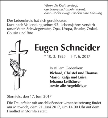 Traueranzeige von Eugen Schneider von  Kreisanzeiger