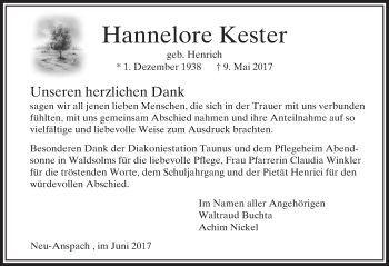 Traueranzeige von Hannelore Kester von  Usinger Anzeiger Traueranzeige von Hannelore Kester von  Usinger Anzeiger