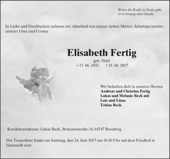 Traueranzeige von Elisabeth Fertig von Trauerportal Echo Online