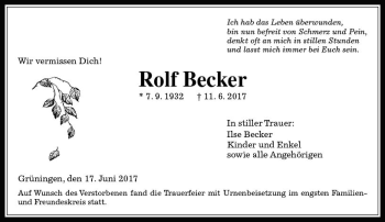 Traueranzeige von Rolf Becker von  Gießener Anzeiger