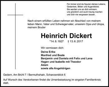 Traueranzeige von Heinrich Dickert von VRM Trauer