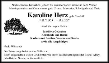Traueranzeige von Karoline herz von Trauerportal Rhein Main Presse