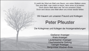 Traueranzeige von Peter Pfeuster von  Gießener Anzeiger