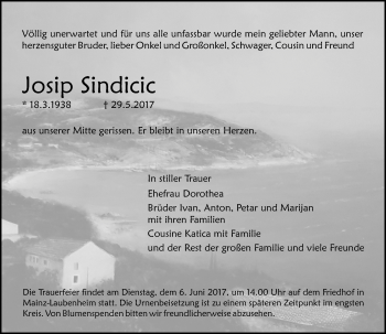 Traueranzeige von Josip Sindicic von Trauerportal Rhein Main Presse