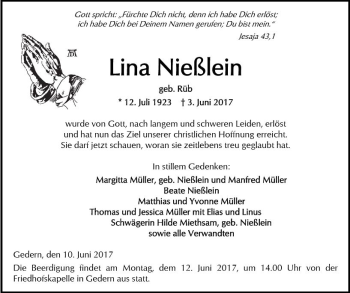 Traueranzeige von Lina Nießlein von  Kreisanzeiger