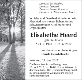 Traueranzeige von Elisabethe Heerd von  Kreisanzeiger