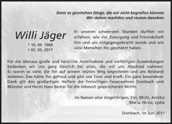 Traueranzeige von Willi Jäger von  Camberger Anzeiger