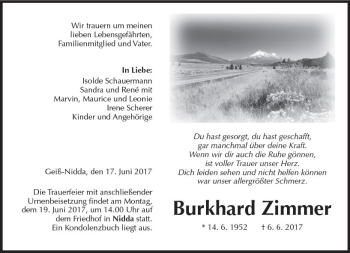 Traueranzeige von Burkhard Zimmer von  Kreisanzeiger