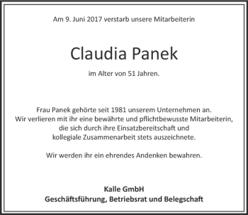 Traueranzeige von Claudia Panek von Trauerportal Rhein Main Presse