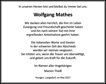 Traueranzeige von Wolfgang Mathes von  Gießener Anzeiger
