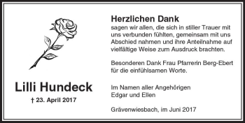 Traueranzeige von Lilli Hundeck von  Usinger Anzeiger