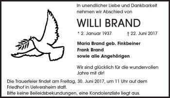 Traueranzeige von Willi Brand von Trauerportal Rhein Main Presse