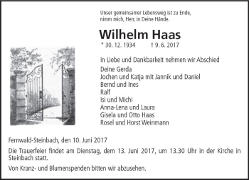 Traueranzeige von Wilhelm Haas von  Gießener Anzeiger