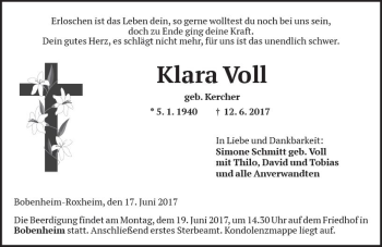 Traueranzeige von Klara Voll von Trauerportal Rhein Main Presse
