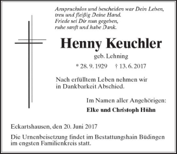 Traueranzeige von Henny Keuchler von  Kreisanzeiger