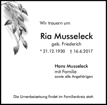 Traueranzeige von Rio Musseleck von Trauerportal Rhein Main Presse