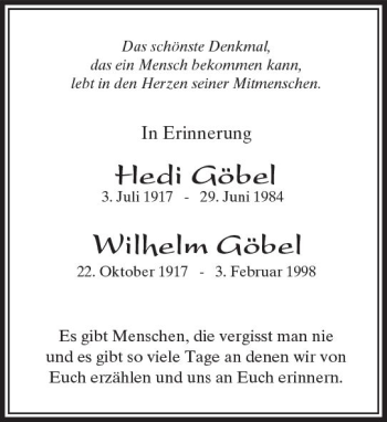 Traueranzeige von Hedi und Wilhelm Göbel von  Camberger Anzeiger