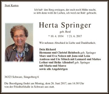Traueranzeige von Herta Springer von VRM Trauer