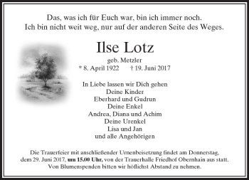 Traueranzeige von Ilse Lotz von  Usinger Anzeiger