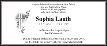 Traueranzeige von Sophia Lauth von  Usinger Anzeiger