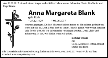 Traueranzeige von Anna Margareta Blank von Trauerportal Echo Online