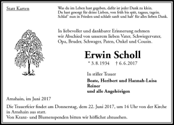 Traueranzeige von Erwin Scholl von VRM Trauer