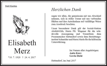 Traueranzeige von Elisabeth Merz von VRM Trauer