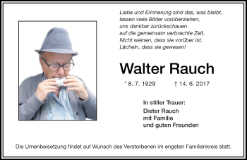 Traueranzeige von Walter Rauch von Trauerportal Echo Online