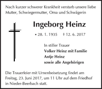 Traueranzeige von Ingeborg Heinz von Trauerportal Echo Online