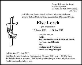 Traueranzeige von Else Lerch von VRM Trauer