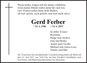 Traueranzeige von Gerd Ferber von  Gießener Anzeiger