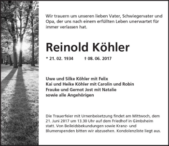 Traueranzeige von Reinold Köhler von Trauerportal Rhein Main Presse