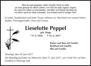 Traueranzeige von Lieselotte Peppel von  Kreisanzeiger