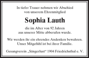 Traueranzeige von Sophia Lauth von  Usinger Anzeiger