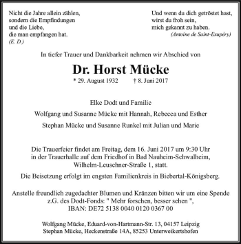 Traueranzeige von Horst Mücke von  Gießener Anzeiger