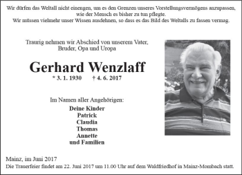 Traueranzeige von Gerhard Wenzlaff von Trauerportal Rhein Main Presse