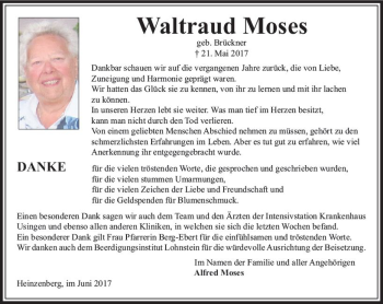 Traueranzeige von Waltraud Moses von  Usinger Anzeiger