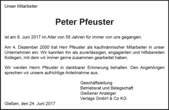 Traueranzeige von Peter Pfeuster von  Gießener Anzeiger