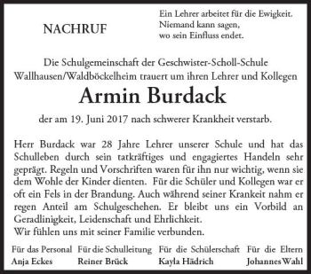 Traueranzeige von Armin Burdack von Trauerportal Rhein Main Presse